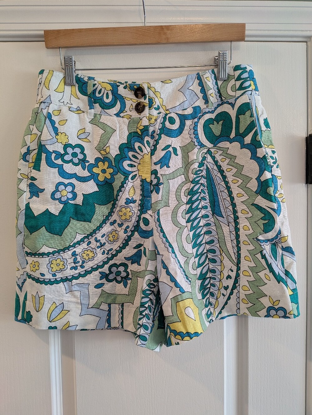 Boden Westbourne Linen Shorts Emerald Foliage Paisley Floral Resortwear Size 8 - Picture 4 of 13